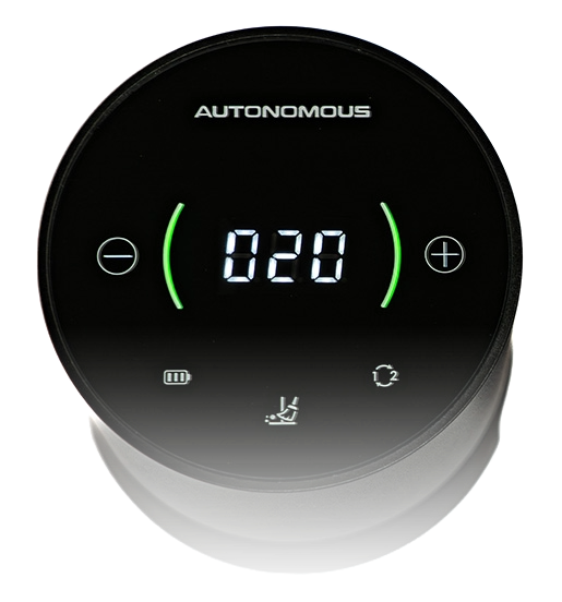 Autonomous Tamper touchscreen showing pressure setting at 20 kg with plus and minus controls and status icons